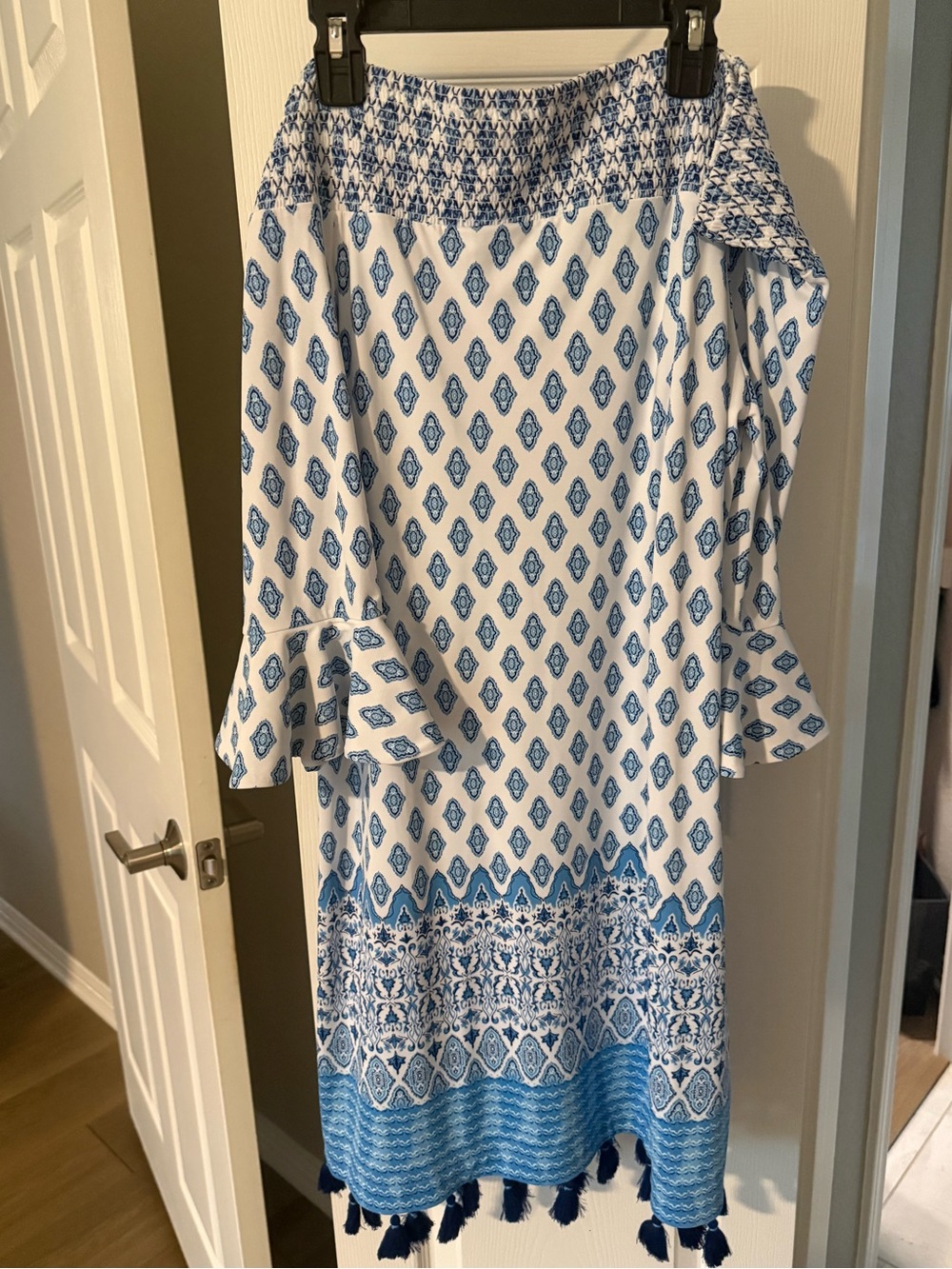 Cabana Life Blue and White Off-Shoulder Midi Dress with Tassels